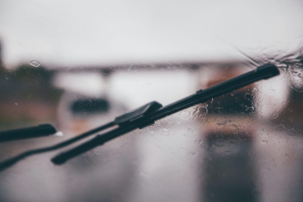 wiper blade on a wet windshield