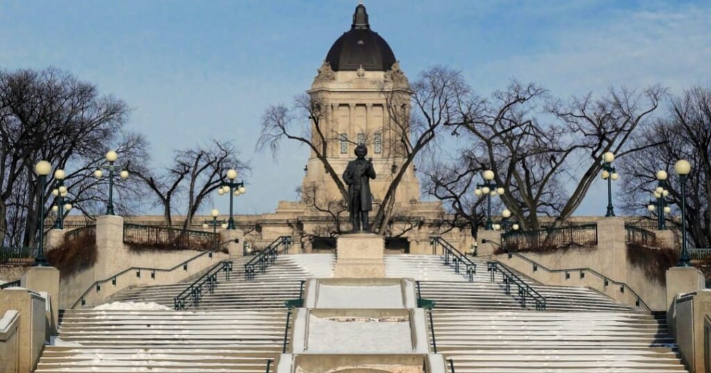 Louis Riel statue on the grounds of the Manitoba Legislature
