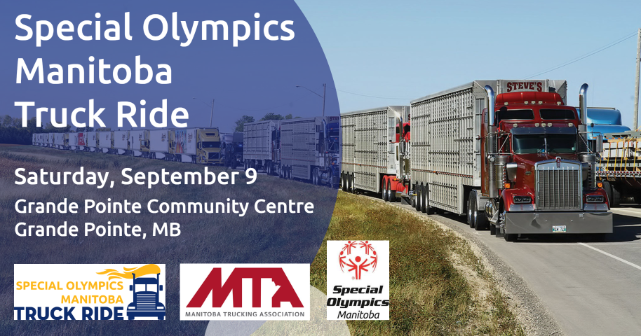 A picture of a row of trucks with details promoting the 2023 Truck Ride for Special Olympics Manitoba